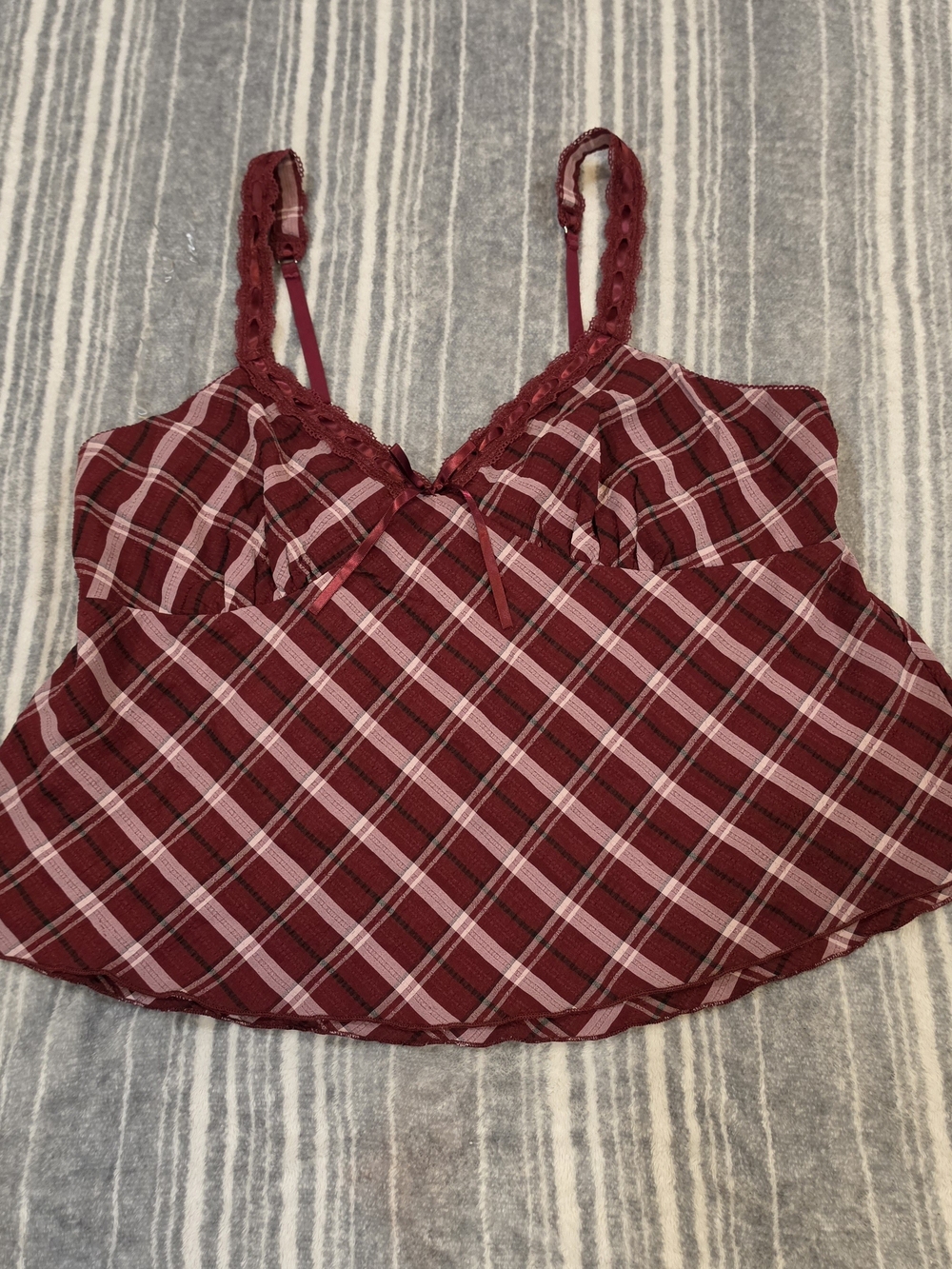 No Boundaries Burgundy Plaid Lace-Trim Cami
